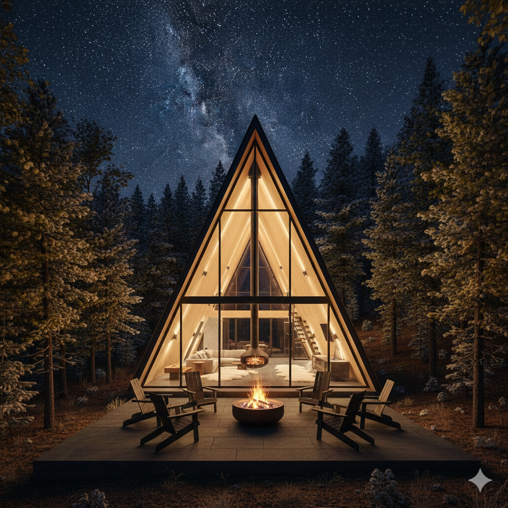 A-frame cabin under starry night sky with fire pit