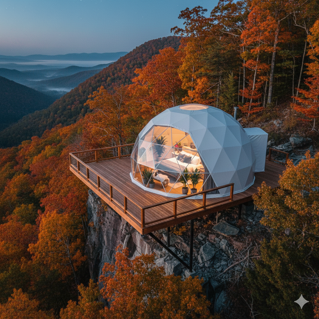 Geodesic dome on cliff with fall foliage and mountain views